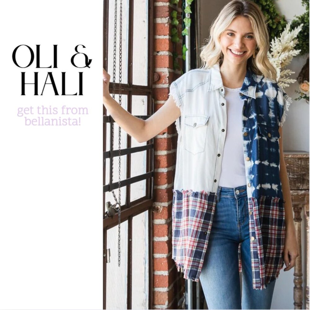 6274 OLI & HALI Red Blue Plaid Mix Print Sleeveless Shirt